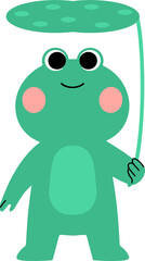 A charming cartoon green frog stands upright, holding a large lotus leaf above its head as if for shelter.