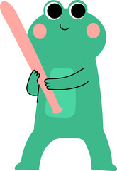 A cute, smiling green cartoon frog with pink cheeks stands upright holding a pink baseball bat.