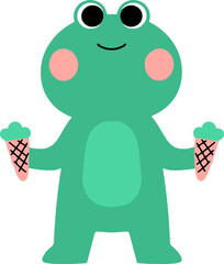 Happy green frog holding two mint ice cream cones.