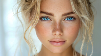 Captivating close-up portrait of serene young woman with striking blue eyes, blonde hair, and natural freckles, emanating calm and gentle beauty.