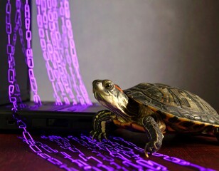Turtle facing a laptop with binary code