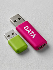 Two colorful USB drives on a gray background