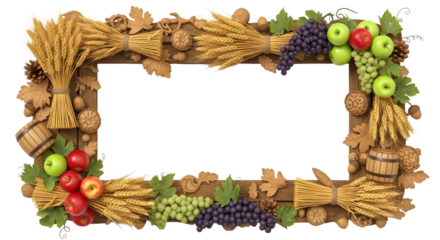 Harvest Frame of Plenty: A decorative rectangular frame overflowing with the abundance of autumn's harvest, featuring vibrant fruits, grains, and foliage, framing an area of blank space.