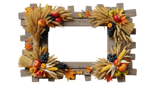 Autumn Harvest Frame: A rustic wooden frame adorned with autumnal elements, including ripe apples, wheat stalks, grapes, and corn, creating a decorative emblem of the season.