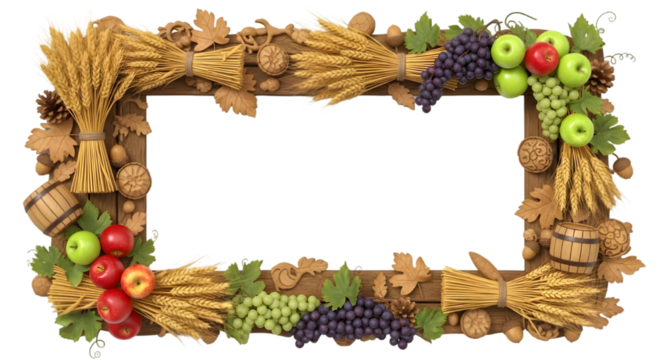 Harvest Frame of Plenty: A decorative rectangular frame overflowing with the abundance of autumn's harvest, featuring vibrant fruits, grains, and foliage, framing an area of blank space.