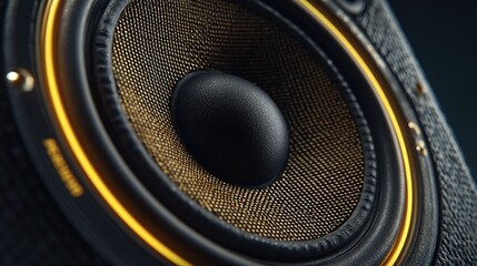 Close-up of speaker diaphragm and gold grille