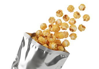 Exploding Popcorn: A burst of delicious popcorn spills from its shiny silver pouch, showcasing its fluffy texture and golden color against a pristine backdrop, evoking feelings of joy and indulgence.