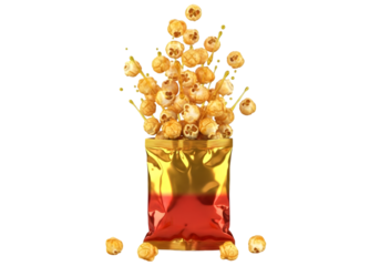 Popcorn Explosion: A vibrant capture of a burst of popcorn erupting from a golden, red bag, offering a delightful, colorful depiction of a popular snack, creating a sense of joy and excitement.
