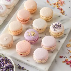 Fototapeta premium An assortment of pastel macarons in pinks, yellows and lavender, rest elegantly on a white marble platter. Edible flowers and petals add a delicate touch