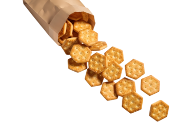 Crackers spill from a paper bag: A delightful array of golden crackers gracefully cascades from a classic paper bag, offering a moment of visual delight and the promise of a satisfying snack.