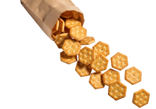 Crackers spill from a paper bag: A delightful array of golden crackers gracefully cascades from a classic paper bag, offering a moment of visual delight and the promise of a satisfying snack.