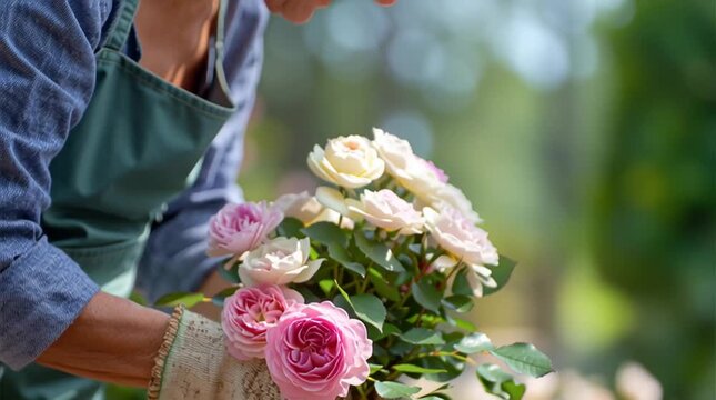Gardener gently holding beautiful pink and cream roses.