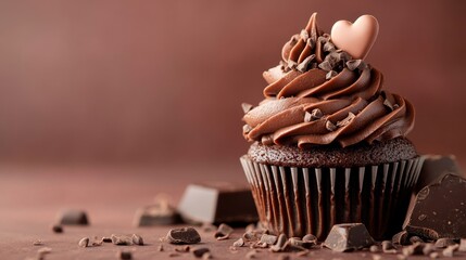 Chocolate Cupcake with Pink Heart Topper – Valentine’s Day Dessert and Sweet Love Celebration