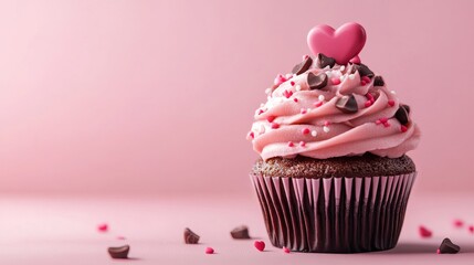 Chocolate Cupcake with Pink Heart Topper – Valentine’s Day Dessert and Sweet Love Celebration