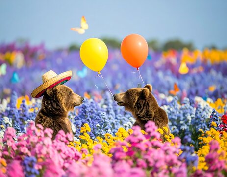 Two brown bears in a colorful flower field, wearing a sombrero, with balloons - Powered by Adobe