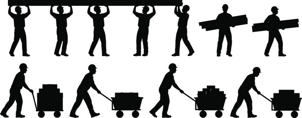 Worker silhouettes lifting beam together, individual carrying beams, and pushing loaded carts, teamwork logistics manual labor vector illustration set industrial