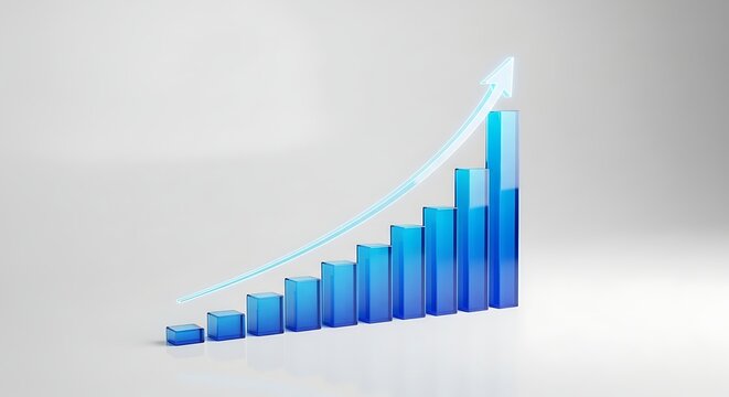 Upward Trend Visualization: Blue Bar Graph with Arrow Illustrating Growth and Positive Financial Performance Outlook.