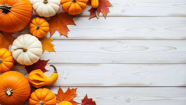 pumpkins and autumn leaves on wooden background