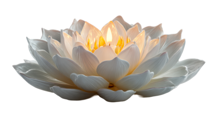 Illuminated White Lotus Blossom with a Glowing Candle at its Center, cut out transparent