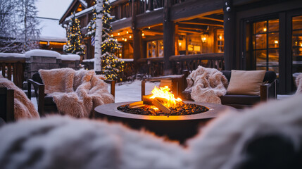 Cozy outdoor seating area with a fire pit surrounded by snow and winter decorations at dusk