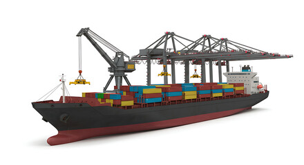 Fototapeta premium Large cargo ship being loaded with shipping containers by massive cranes at a busy port, global logistics and import/export concept