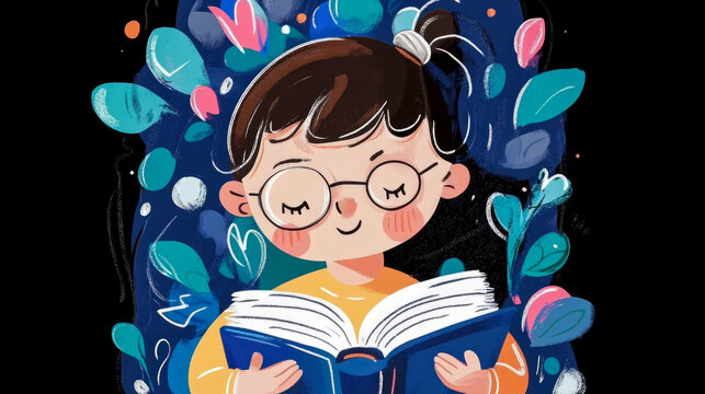 Captivating cartoon artwork of joyful child with glasses, immersed in blue book, enveloped by artistic natural environment, celebrating quiet joy of reading and imagination.