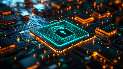 Modern digital locks on a neon circuit board backdrop representing cybersecurity measures in a high-tech environment