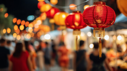 Traditional Lunar New Year Red Lanterns Glowing Bright with Festive Crowd in Asian Night Market Celebration