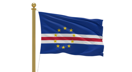 Cape Verde flag waving on flagpole isolated on white background, national symbol of Cabo Verde perfect for patriotic events
