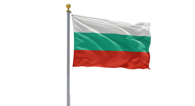 Bulgarian national flag waving on flagpole isolated on white background, symbol of Bulgaria, perfect for patriotic and cultural projects