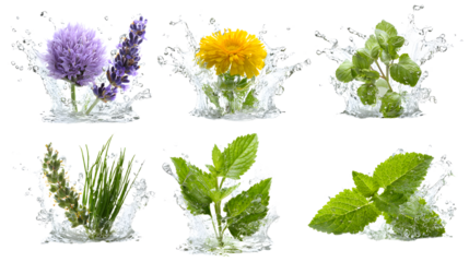 Collection of fresh herbs splashing into water with white background, including lavender, dandelion, basil, chives, mint, and lemon balm, perfect for culinary and wellness themes