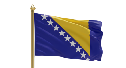 Flag of Bosnia and Herzegovina waving on flagpole isolated on white background, national symbol of Bosnia, perfect for educational and cultural projects