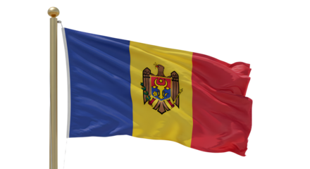 Flag of Moldova waving on a flagpole with blue, yellow, and red vertical stripes and a central coat of arms, symbol of national pride and identity