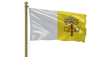 Flag of Vatican City waving on pole isolated on white background, symbol of the Vatican and the Holy See