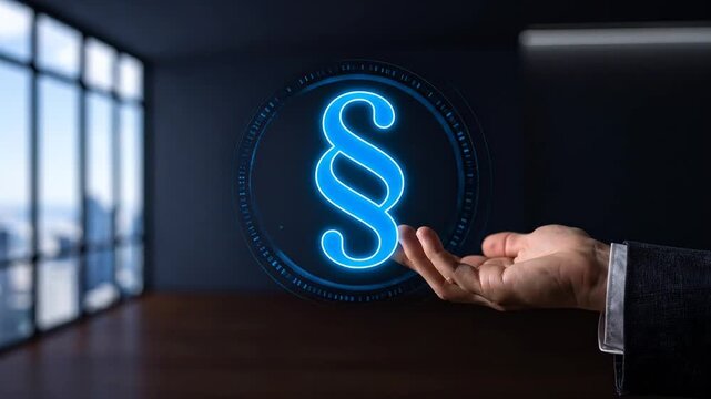 Hand Displaying a Glowing Legal Symbol in a Modern Office Setting Conceptual Video