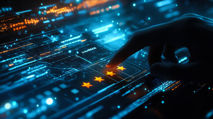 Engaging with a digital user interface to rate a service with glowing stars in a futuristic setting