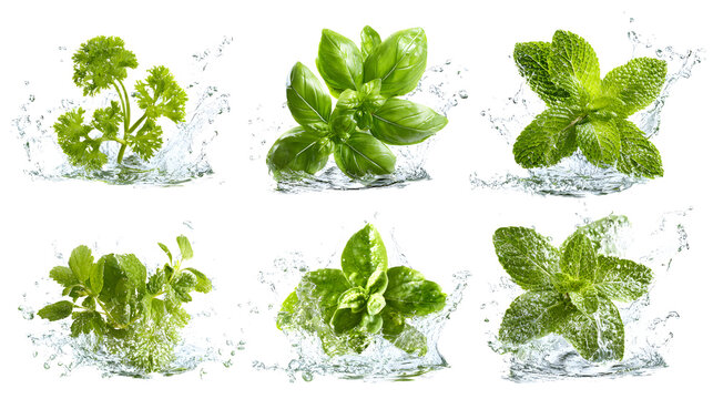 Fresh green herbs splashing in water on white background, basil, mint and parsley leaves, perfect for culinary or healthy lifestyle themes - Powered by Adobe