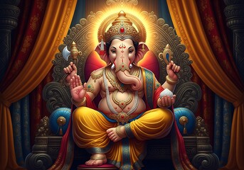 Lord Ganesha Sitting on Throne with Golden Aura, Hindu God Artwork.