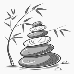 Zen stones and bamboo branches stacked in balance, a symbol of peace, harmony, and relaxation