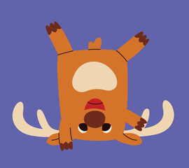 Reindeer standing on its head in flat style. Cute Christmas character.