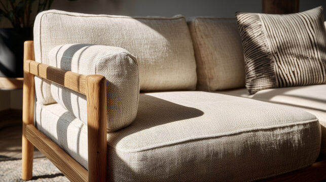 A close-up of the armrest on an outdoor white fabric sofa with wooden legs. a light wood and dark oak finish, modern minimal furniture design.