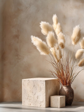 Concrete display podium with pampas grass decor set against a beige wall background.