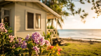 Serene tropical beachside scene at sunrise or sunset with vibrant pink flowers, lush green foliage, quaint wooden house,