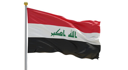 Iraq national flag waving on flagpole with clear background, symbol of Iraqi patriotism and Middle Eastern identity, perfect for cultural and political themes