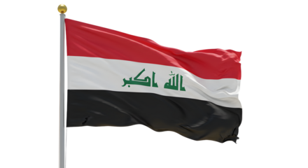 Iraq national flag waving on flagpole with clear background, symbol of Iraqi patriotism and Middle Eastern identity, perfect for cultural and political themes