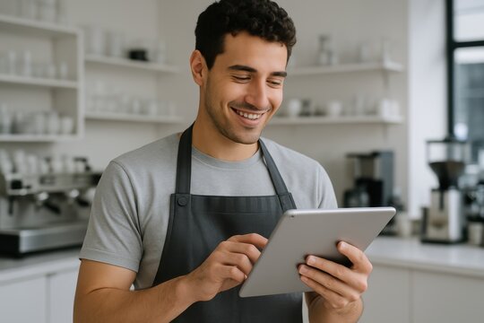 Smiling Barista and the Tablet: A friendly barista, apron-clad and beaming with joy, uses a tablet amidst a stylish café backdrop, showcasing technology's seamless blend with hospitality.