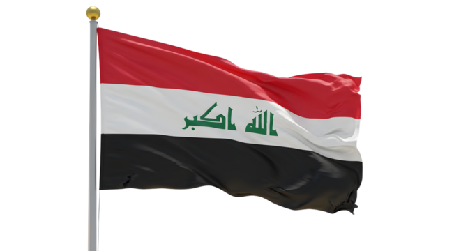 Iraq national flag waving on flagpole with clear background, symbol of Iraqi patriotism and Middle Eastern identity, perfect for cultural and political themes