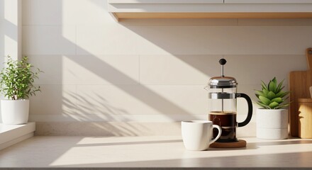 Obraz premium Coffee in French press beside white cup on kitchen countertop with plants 