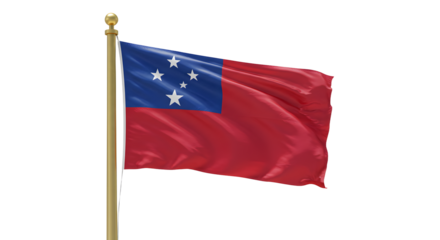 Samoa national flag waving on flagpole against white background, symbol of Pacific island country, perfect for cultural and patriotic projects
