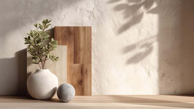 3D render of a simple, minimalist wooden board on the wall